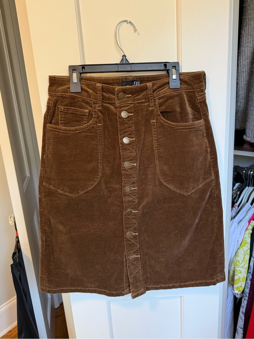 Kut From The Kloth Corduroy Rose Button Front Skirt in Mushroom